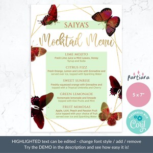 Butterfly Mocktail Menu Butterfly Red Gold Fruit Cocktail Party Bar ...