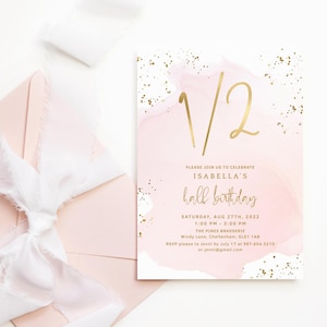 Girls 1/2 Half Birthday Invitation Printable Blush Pink and Gold Baby&#39;s Tea Party Invite Editable Digital Download Template P458