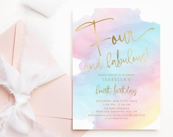 Four and Fabulous Invitation Template: Girls 4th Birthday Party Pastel Rainbow Decor (Printable) P179