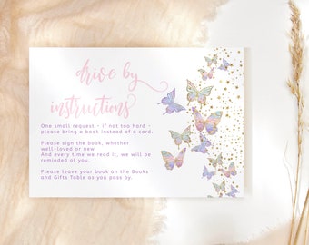 Drive By Instruction Card Girl Butterfly Baby Shower Invitation Insert Details Notecard Printable Pastel Rainbow Gold Editable Download P87