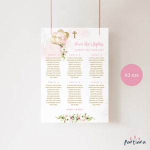 Doop zitplaatsen grafiek, doop zitplaatsen grafiek afdrukbaar, babymeisjes pdf tafel zitplaatsen, blozen roze gouden ballonnen decor, bewerkbare P344