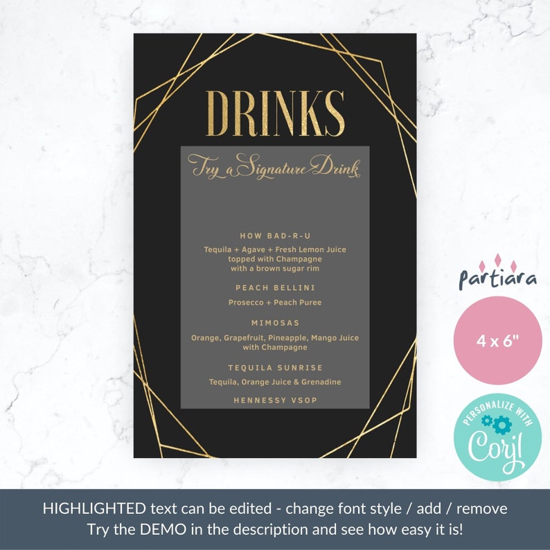 Black Gold Signature Drinks Menu Birthday Cocktails Bar Menus Etsy
