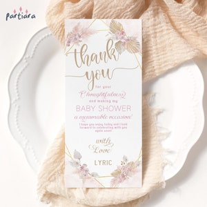 Carte de remerciement Boho, table de bienvenue, décoration de plaque imprimable anniversaire de dames, mariée ou baby shower, or rose, téléchargement modifiable P171