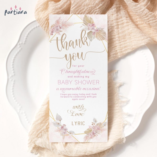 Thank You Card Boho Party Table Welcome Printable Plate Decoration Ladies Birthday Bridal or Baby Shower Pink Gold Editable Download P171