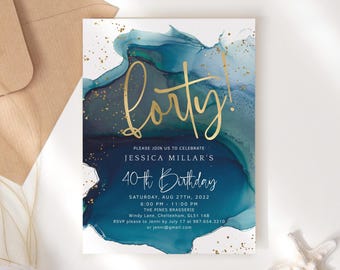 40th Birthday Invitation Printable: Men or Ladies Forty Party Invites in Teal and Gold P231