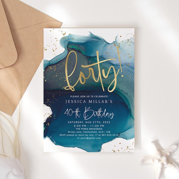 Teal 40th Birthday Invitation Template for Men or Ladies: Blue Gold Party (Digital Download) P231
