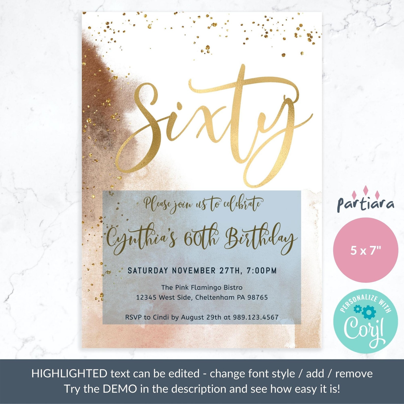 60th Birthday Invitation Printable Ladies Caramel Nude Gold - Etsy UK