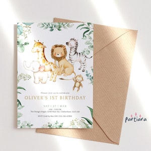 Boys Safari Birthday Invitation, 1st Birthday Wild One Party Invite Printable, Safari Animals Greenery Card, Editable Digital Download P88
