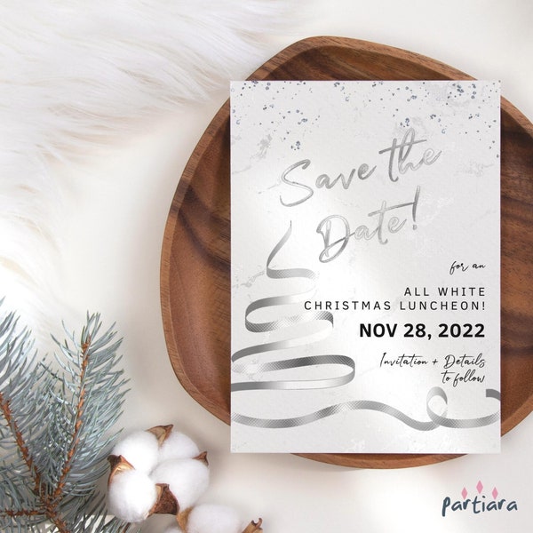 Christmas Save the Date Card Printable, End of Year Corporate Holiday Party Announcement, All White Silver, Editable Digital Download P245