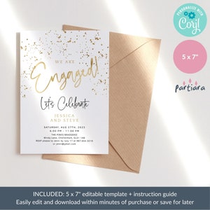 May include: A 5x7 inch white card with gold glitter and the text "We are Engaged! Let's Celebrate Jessica and Steve" with details for a wedding reception. The card is sitting on a brown envelope.