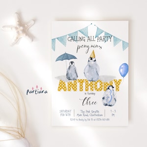 Penguin Birthday Invitation Printable, Boys Winter Birthday Party Invite Editable Template, Blue and Yellow Snowy Wonderland Invite Download