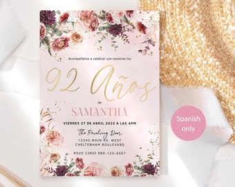 Ladies 92nd Birthday Invite Digital Download Floral Rust Red Blush Pink Spanish Fiesta Invitations Printable Editable Template P173