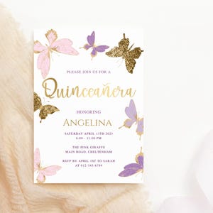 Butterfly Quinceanera Invitation Template, Pink Quince Birthday Invite Printable, Purple Butterflies Card, Editable Digital Download P345
