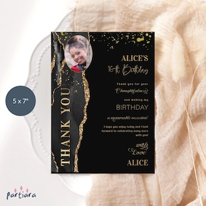 Birthday Table Card Thank You Plate Decor Printable Photo Party Welcome Cards Black Gold Agate Dinner Party Teens Men Ladies Editable P708