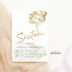 16. Geburtstagseinladung für Mädchen Sweet Sixteen Salbei grün Gold Luftballons Party einladen bearbeitbare Vorlage DIY Printable Instant Download P10