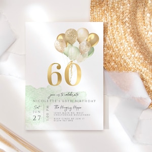 Bearbeitbare 60er Jahre Geburtstagseinladungsvorlage, Damen 60 Dinner Party Einladung zum ausdrucken, Salbei Grün Gold Ballons Dekor, digitaler Download P232