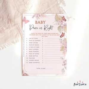 Butterfly Baby Shower Game, Price is Right Babyshower Games Card Printable, Rose Gold Floral Blush Pink Decor, Editable Download P171