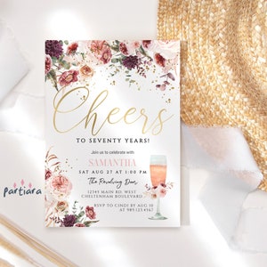 DIY 70th Birthday Invitation Template Fall Blush Rose Gold Floral Surprise Party Printable Invite for Women Editable Cheers to 70 Years P173
