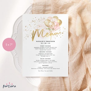 Meisjes verjaardag menusjabloon, diner menu's afdrukbaar, dames evenementen tafeldecor, roze gouden ballonnen, bewerkbare digitale download P344
