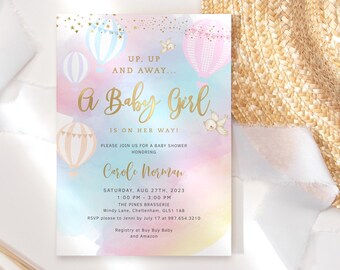 Hot Air Balloon Baby Shower Invitation, Pastel Rainbow Printable Template P179