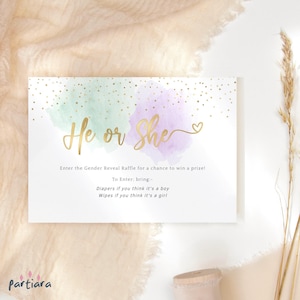 Plantilla de tarjeta de rifa para revelar el género del bebé, boleto imprimible para juegos de pañales y toallitas para él o ella, decoración en verde menta y lila pastel para niño y niña, editable P16