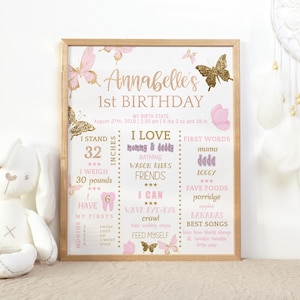 Cuadro de hitos de mariposas, estadísticas de nacimiento del primer cumpleaños de niñas, póster, letrero imprimible, decoración de mariposas en oro rosa, plantilla editable, descarga P293