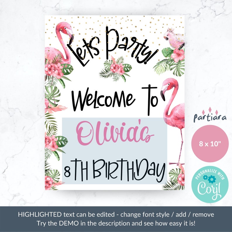 Flamingo Birthday Sign Welcome Party Table Poster Decoration Teens Girls Ladies Bridal Shower Tropical Floral Decor Printable Editable P174 image 2