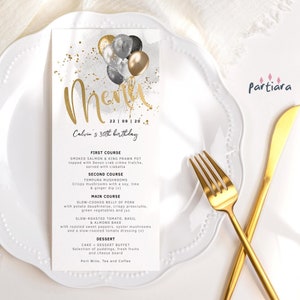 Szablon menu urodzinowego, męskie menu obiadowe do wydrukowania, karty menu na stół Milestone Events do edycji, dekoracje stołu z czarnych złotych balonów P251