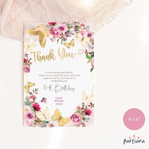 Modelo de cartão de agradecimento de aniversário borboleta, cartões de visita para festa de jardim para mulheres para impressão, decoração floral rosa ouro, download digital editável P167