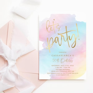 Pastel Rainbow Sky Birthday Invitation Printable Teen Girl or Ladies Party Invite Editable Digital Download Template Blue Pink Gold P179