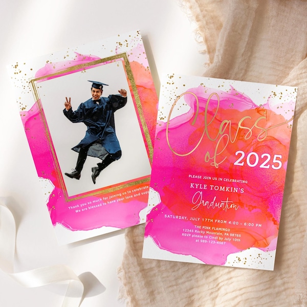 Graduation Invitation Printable, Photo Grad Party Invite Editable Template, Hot Pink Orange Gold Decor, Digital Download Flyer P200