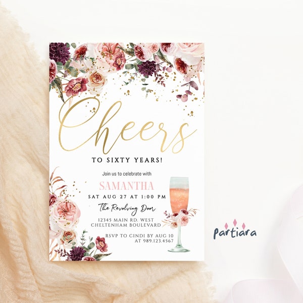 DIY 60th Birthday Invitation Template Fall Blush Rose Gold Floral Surprise Party Printable Invite for Women Editable Cheers to 60 Years P173
