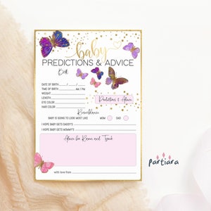 Carta di previsioni di farfalle Giochi per baby shower stampabili, Desideri e consigli per ragazze Modello modificabile per biglietti di auguri per genitori Rosa Viola P337