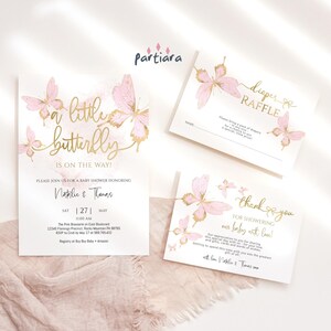 Blush Pink Kleiner Schmetterling Babyparty Einladung Mädchen Bundle mit Windel Spiel und Danke Notecard Bearbeitbare druckbare Vorlagen P6 P293