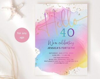 Hello 40 Invite 40th Birthday Invitations Ladies Dinner Drinks Party Flyer Rainbow Pink Gold Decor Editable Digital Download Template P544