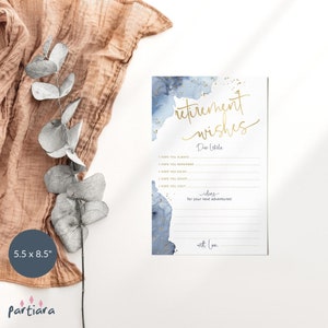 Tarjeta de notas con consejos para la jubilación, tarjeta imprimible de recuerdos de jubilación para hombres, decoración en azul marino, blanco y dorado, plantilla editable, descarga P239