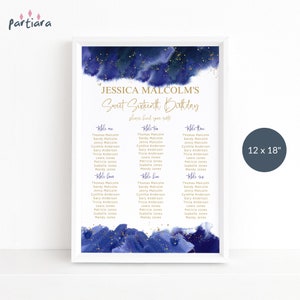 Blue Sweet 16 Seating Chart 16th Birthday Party Printable Table Seating Sign, Gold White Dinner Party Decor, Editable Template Download P627