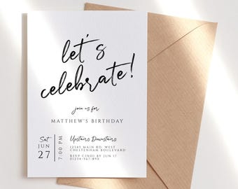 Let&#39;s Celebrate Party Invitation Online Editable Template, Surprise Birthday Party Invites, Anniversary Invites, Black White Invite for Him