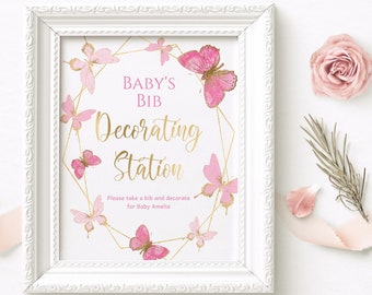 Butterfly Baby Shower Bib Decorating Station Sign Printable Pink Gold Mixed Girl Butterflies Poster Decor Editable Template Download P144