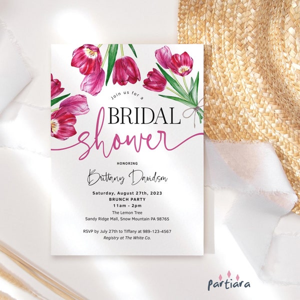 Spring Bridal Shower Invite Tulips Floral Hot Pink Brunch Tea Party Invitation Printable Editable Digital Download Template P134