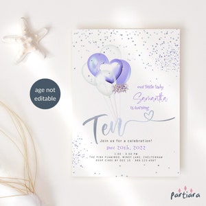 Lila 10. Geburtstagseinladung Digital Download, Mädchen drehen zehn lila Luftballons Pamper Party einladen druckbare, bearbeitbare Vorlage P111