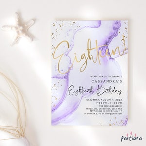Invitation de fête d'anniversaire violet lilas pour fille 18 ans, invitation imprimable fille, modèle P132 P300, téléchargement numérique modifiable