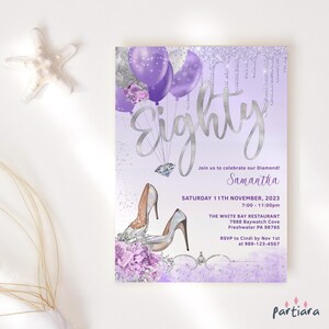 Invito viola per l'80° compleanno, modello di invito per cena danzante per sole donne, biglietto con tacchi argentati stampabile, decorazione viola lilla, modificabile P771