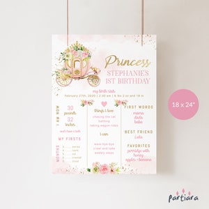 Princess Milestone Sign 1st Birthday Party Decoration Imprimable Girl Fairytale First Year Birth Stats Chart Pink Gold Floral Editable P137