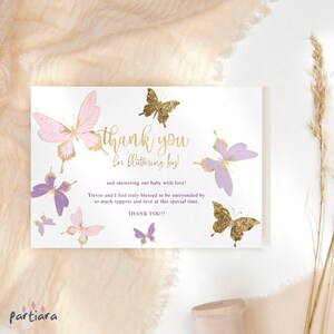 Butterfly Thank you Card Girl Baby Shower 1st Birthday Baptism Party Note Cards DIY Editable Printable Download, Pink Lilac Gold Decor P345