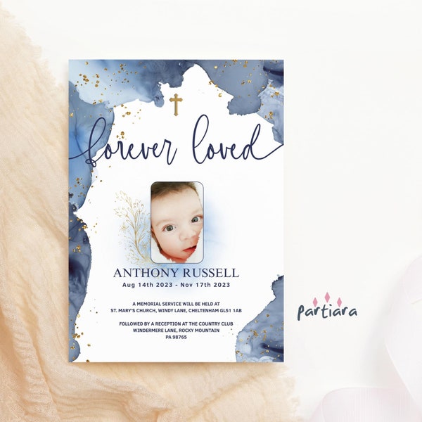 Baby Boy Memorial Service Announcement Card Printable Forever Loved Navy Blue Gold Editable Photo Invitation Template Download P239 P132
