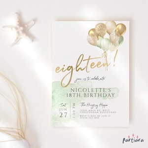 Mint Green Gold 18th Birthday Invitation Printable Ladies Party Invite Editable Digital Download Template Balloons Decor P10 P232