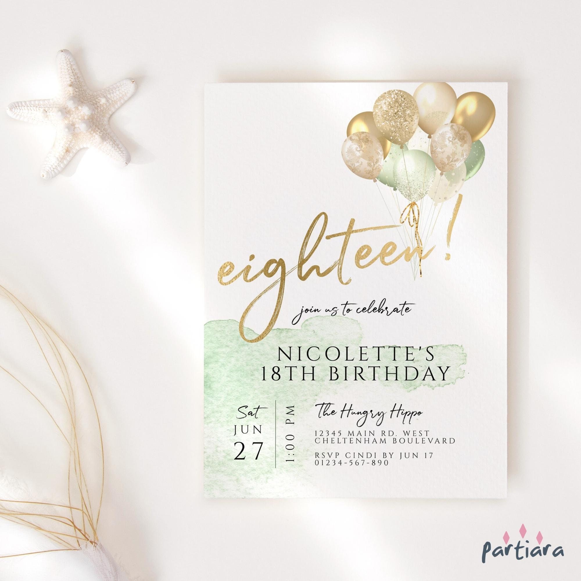 Mint Green Gold 18th Birthday Invitation Printable Ladies Party Invite Editable Digital Download Template Balloons Decor P10 P232 - Etsy for Free Printable 18th Birthday Invitations