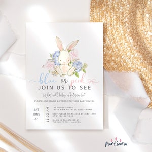 Faire-part révéler le sexe du lapin, invitation de fête sexe bébé, imprimable, bleu ou rose il ou elle, décoration florale, téléchargement numérique modifiable P44