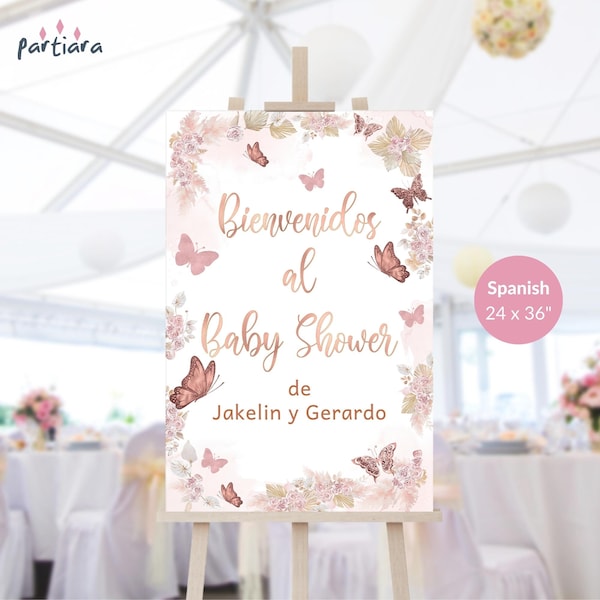 Butterfly Baby Shower Welcome Sign Girl Spanish Baby Shower Editable Poster Decor Rose Gold Blush Pink Floral Butterflies Printable P171